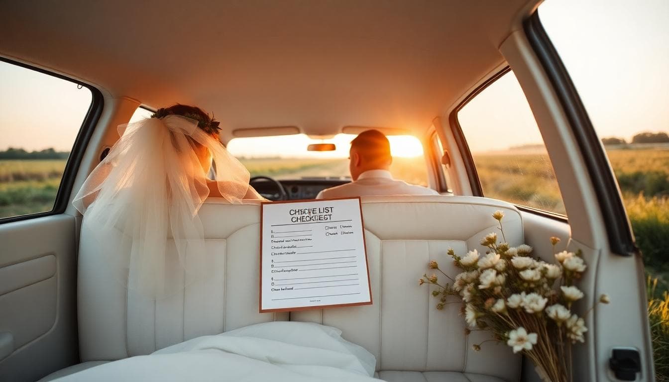 Voiture de mariage blanche décorée avec des nœuds bohèmes en tulle ivoire et sauge, check-list au sol, ambiance coucher de soleil champêtre