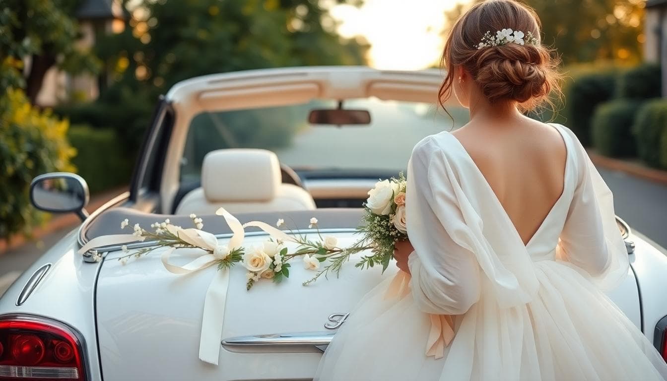 Voiture de mariage blanche avec des nœuds minimalistes en satin ivoire et nude sur le capot et les rétroviseurs, ambiance chic et épurée