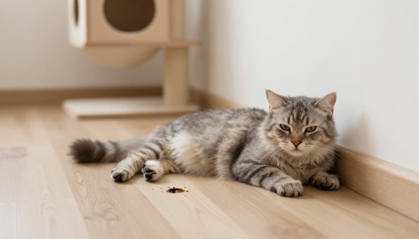A motionless cat with blank stare, unkempt fur, and nearby wet spot lies unresponsive in a minimalist Scandinavian living room, highlighting signs of incontinence and coma.