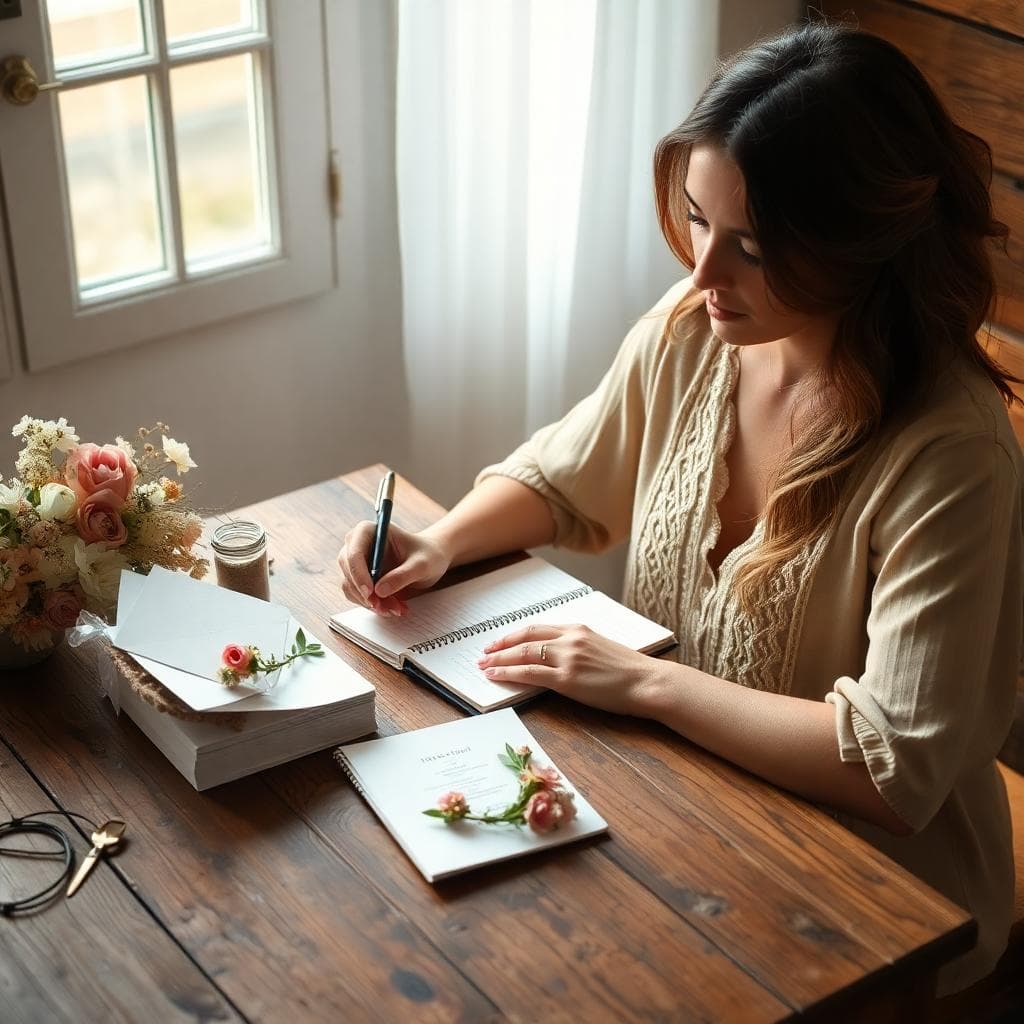Femme calculant son budget mariage à une table rustique, carnet et enveloppe près d'une invitation bohème, lumière douce