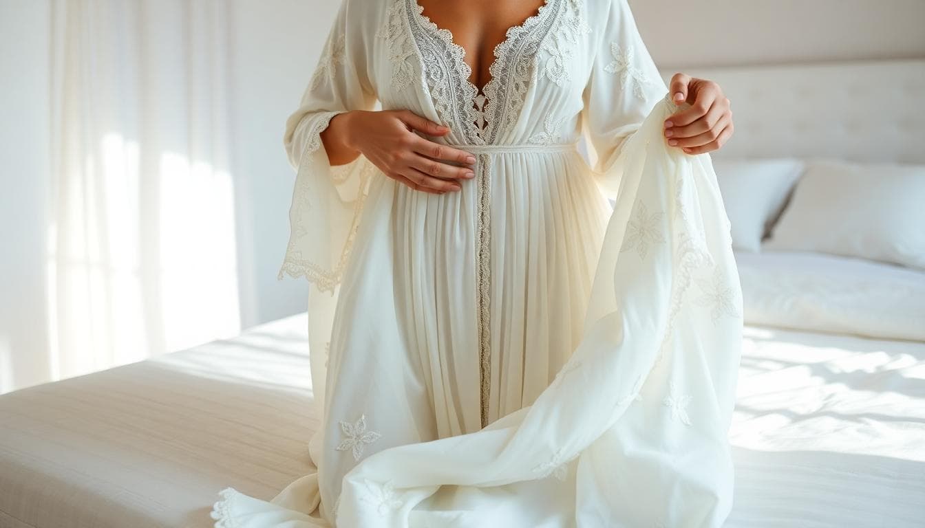 Pliage en accordéon d’une robe de mariée bohème, zones ornées positionnées au centre avant mise en sac filet