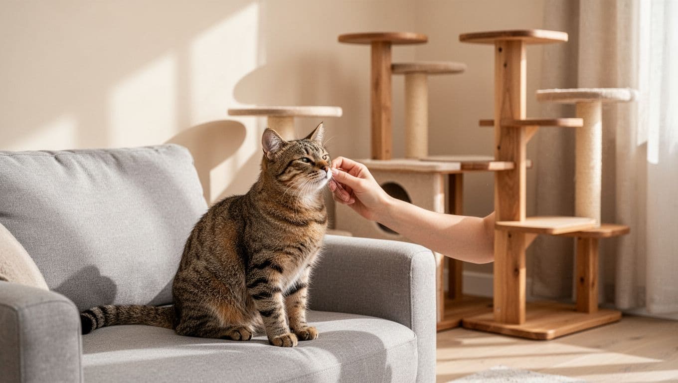 Premium lifestyle photo in a bright Scandinavian living room where a woman gently touches the nose and ear of a content adult cat on a soft grey sofa, with a sleek solid wood Meowood cat tree nearby. Minimalist decor, neutral colors, warm cozy atmosphere, natural light and soft depth of field.