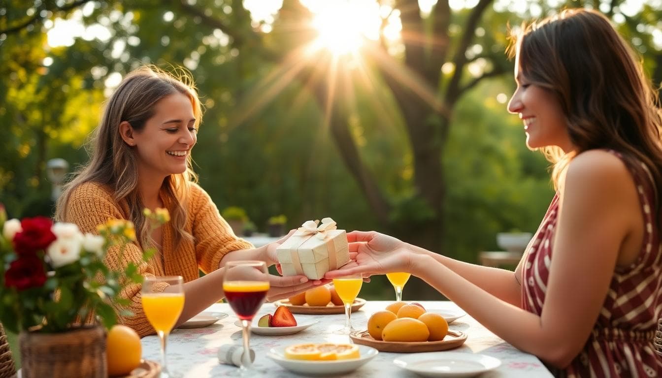 Brunch surprise en extérieur, une femme offre une petite boîte souvenir à son amie, ambiance bohème et émue