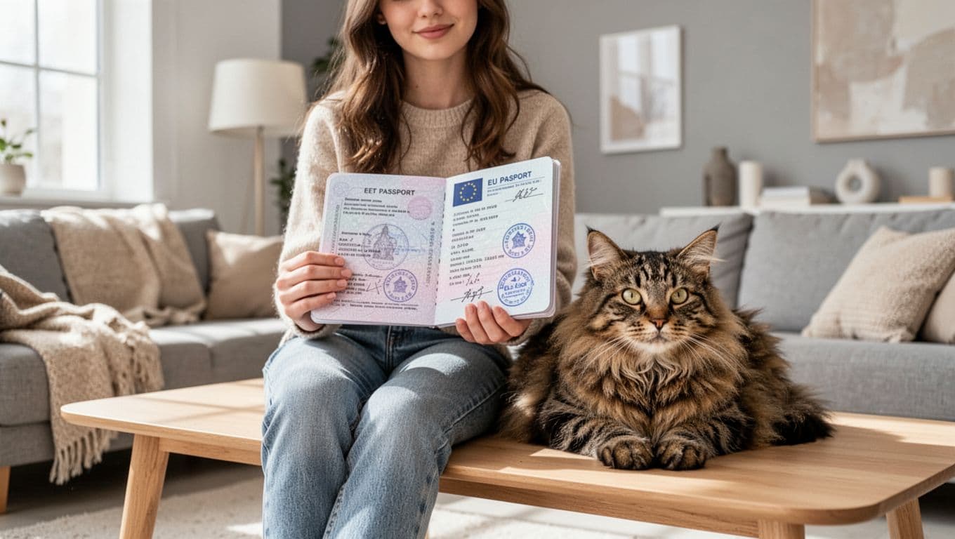 A relaxed young woman in casual clothes sits on a light wood table in a bright modern Scandinavian living room, holding an open EU pet passport for cats next to a fluffy tabby cat resting calmly beside it.
