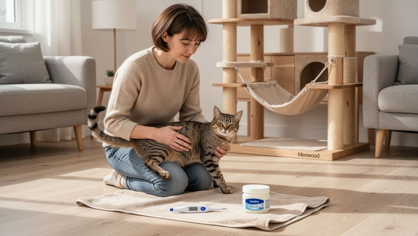 A short-haired woman kneels on a light wood floor in a bright, minimalist Scandinavian living room, gently holding a relaxed shorthair cat on its side with tail slightly lifted, a digital thermometer and vaseline jar on a nearby beige towel. In the background, a stylish Meowood cat tree with hammock blends seamlessly into the neutral, cozy decor.