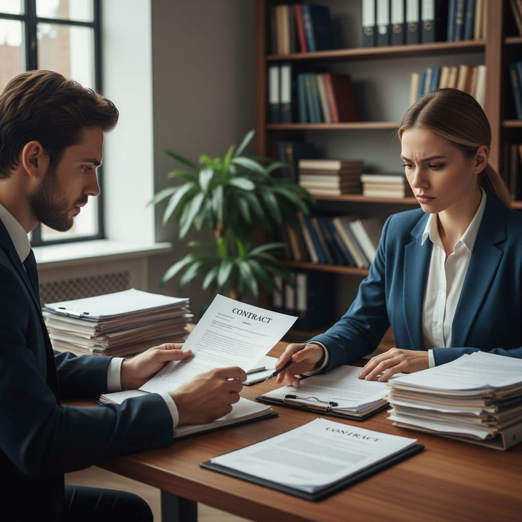 Une femme sérieuse consulte un avocat et examine des documents liés à un mariage frauduleux, ambiance professionnelle et calme, lumière naturelle