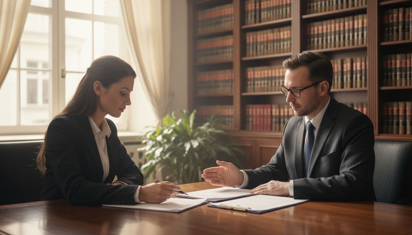 Une femme et son avocate passent en revue un dossier de mariage dans un bureau lumineux, ambiance professionnelle et sereine