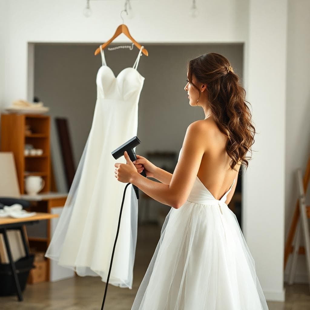 Défroissage à la vapeur à distance sur robe de mariée bohème, mouvements lents de haut en bas, atelier lumineux