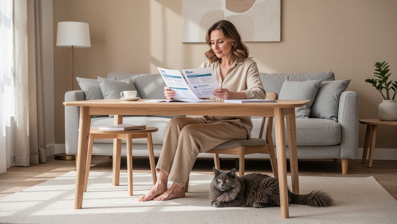 A relaxed adult woman in casual beige clothes sits at a light wooden table in a bright modern Scandinavian living room, reviewing printed pet insurance documents, with a fluffy grey cat resting calmly next to her on the floor.