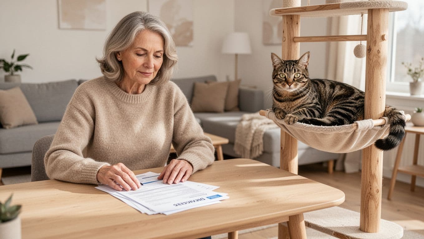 In a bright Scandinavian minimalist living room, a middle-aged woman relaxes at a light wood table while reviewing pet insurance documents, with her calm tabby cat lounging nearby on a premium wooden cat tree.