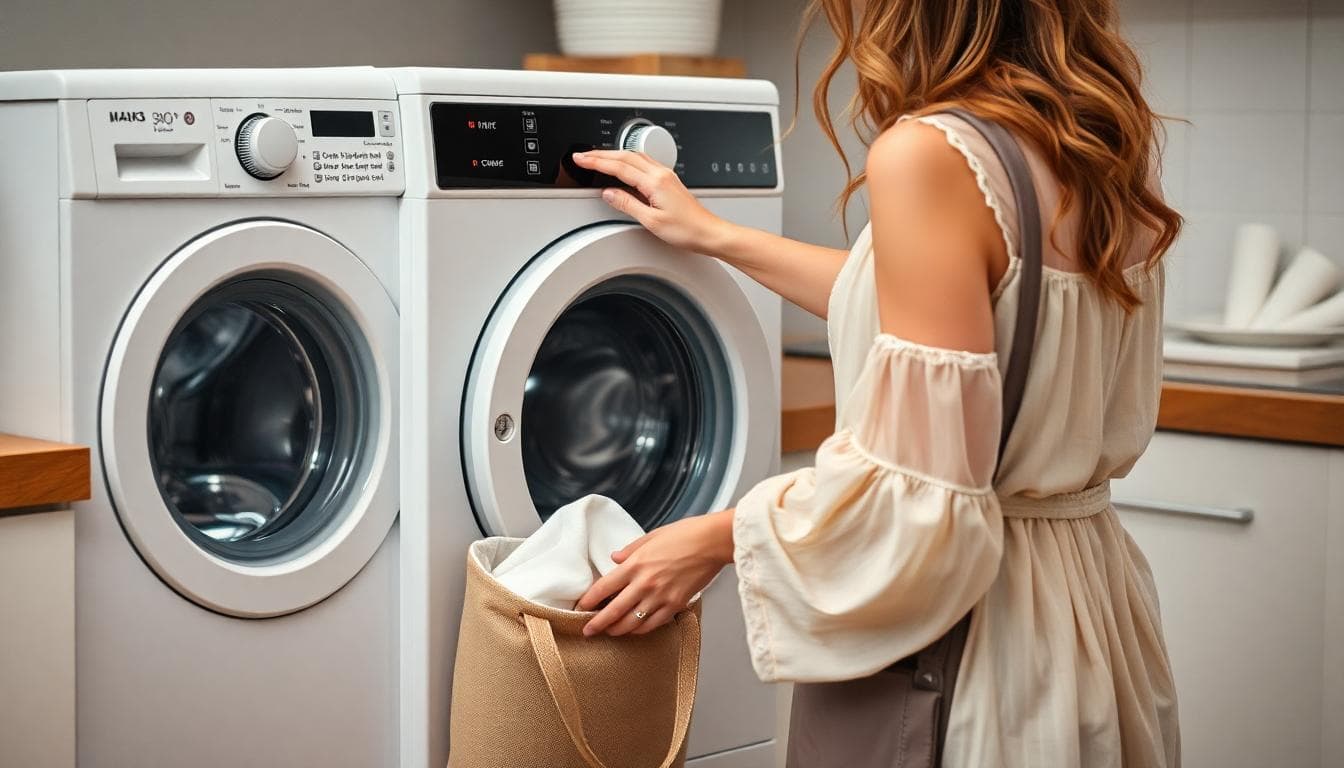 Sélection d’un programme délicat à 30°C et essorage faible, robe de mariée bohème protégée dans un sac filet à côté