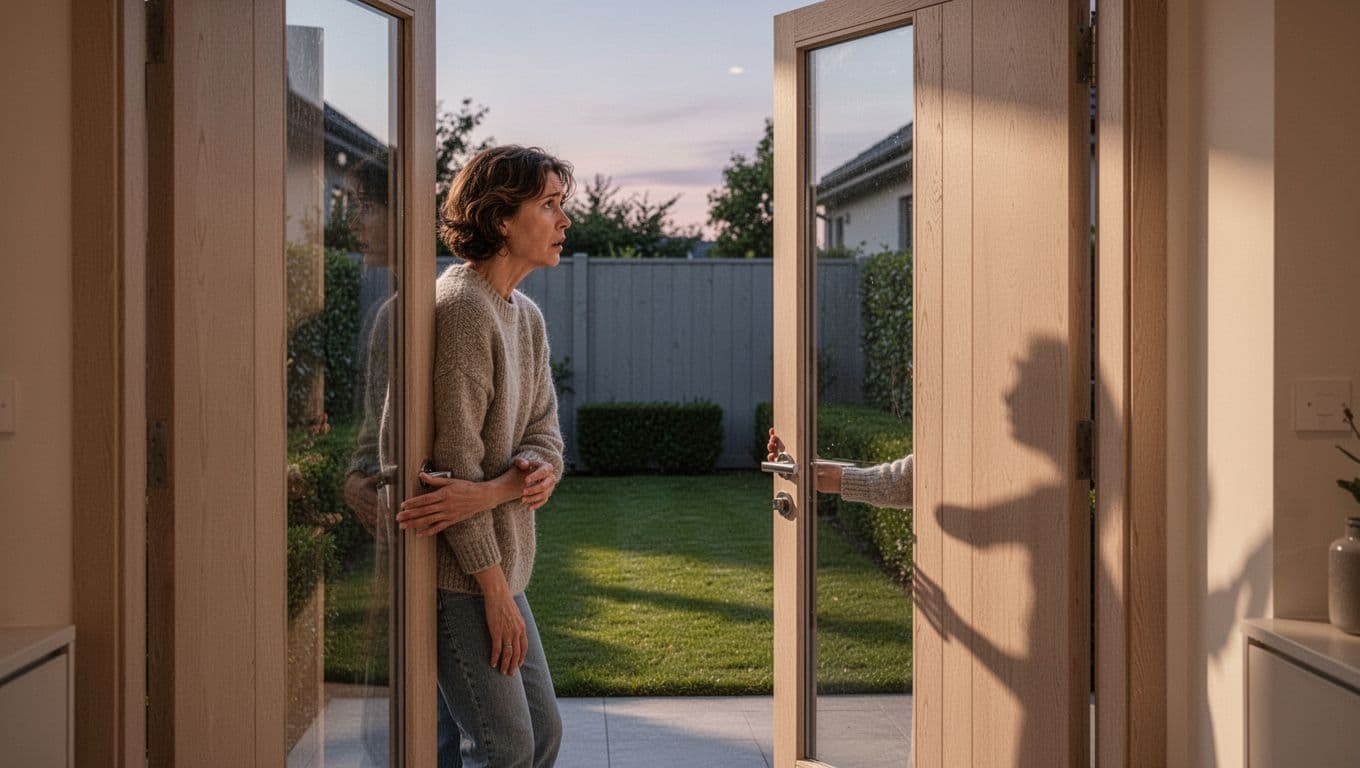 A worried person stands at the open front door of a cozy modern Scandinavian house, peering into the minimalist garden at twilight while searching for their missing cat. The premium lifestyle photo features neutral colors, natural evening light, long shadows, and a calm elegant mood with soft depth of field.