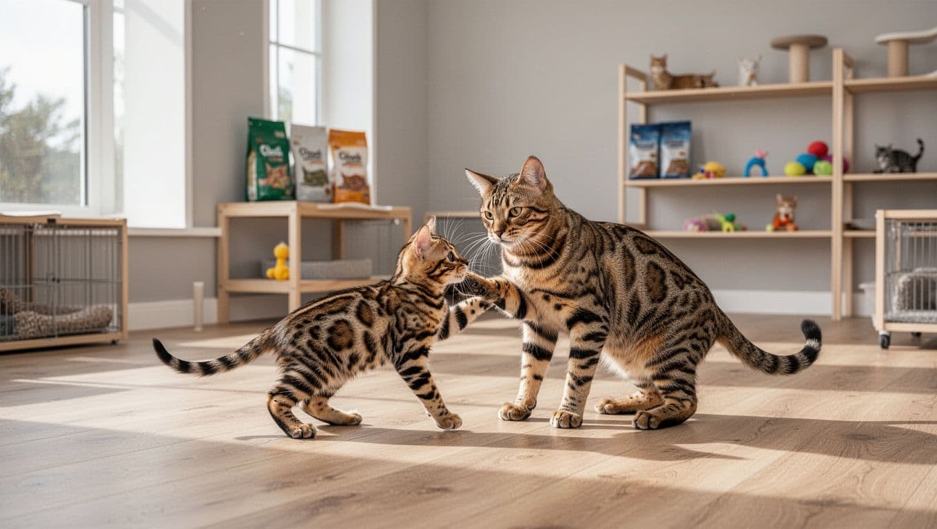 A single young Bengal kitten with distinct rosettes gently plays with its mother cat in a clean, spacious cattery room with natural wood floors, large windows, and bright natural light.