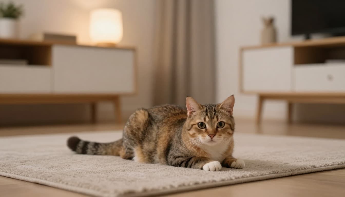 A young female cat shows discreet signs of heat, curled up agitated on a rug with intense gaze and twitching tail in a cozy, luminous Scandinavian-style apartment with soft evening light and minimalist decor.