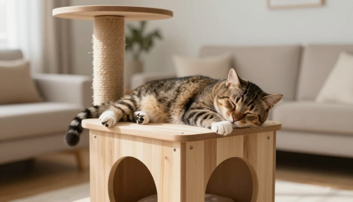 A young adopted cat begins to relax, sleeping openly on a sturdy wooden cat tree platform in a bright modern Scandinavian living room with natural daylight and minimalist decor.