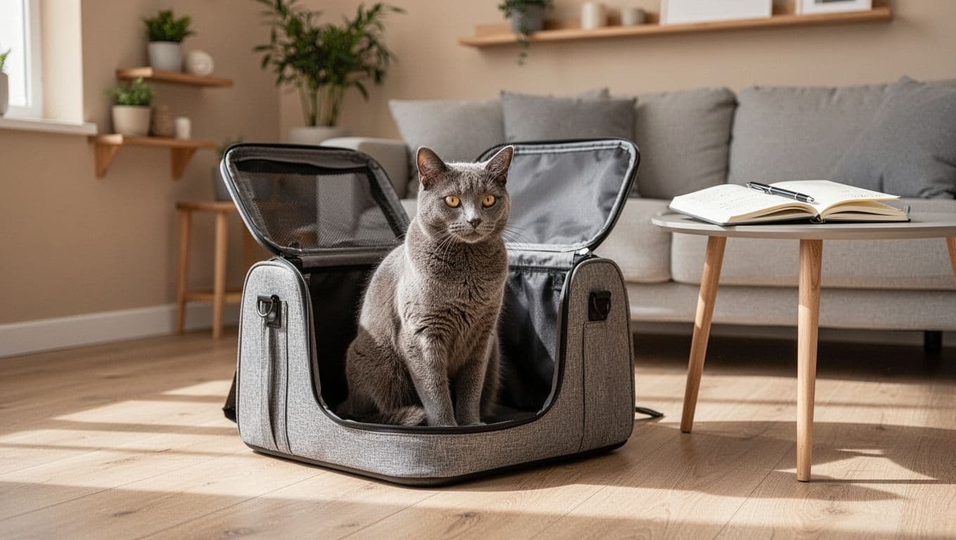 A single young adult female grey cat sits calmly inside an open modern grey fabric pet carrier on a light wood floor in a sunlit Scandinavian living room. A minimalist side table nearby holds an open notebook and pen, evoking a warm, cozy atmosphere with neutral colors and natural light.
