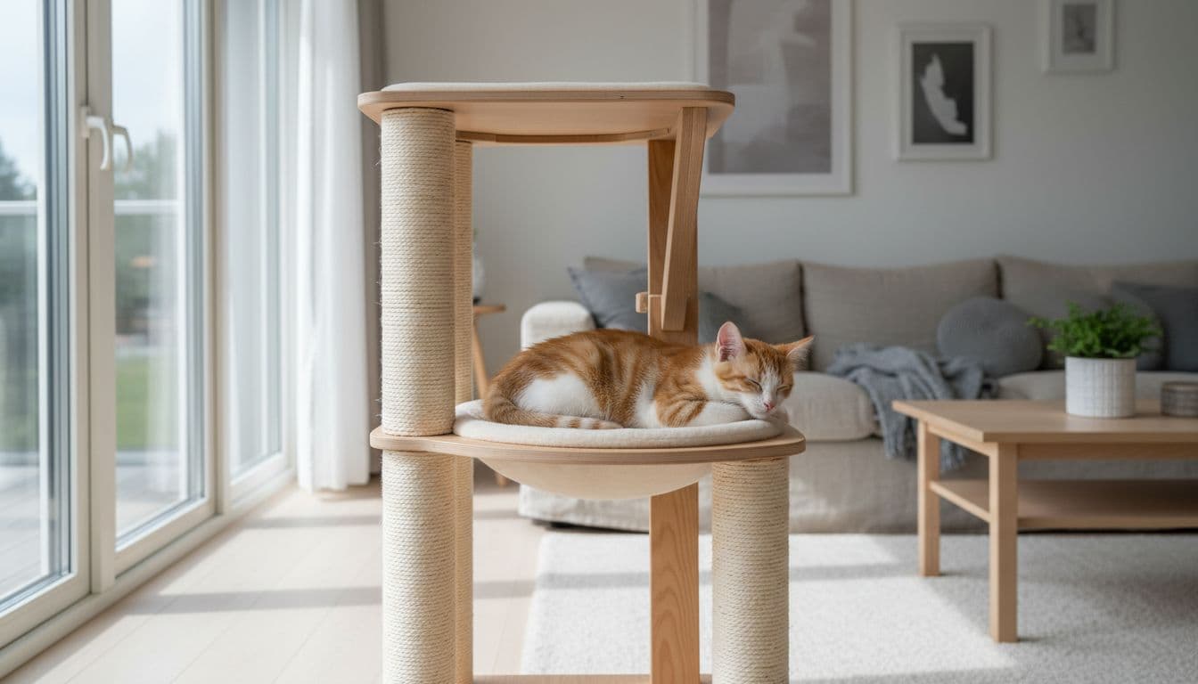 A young kitten with a slightly swollen belly rests peacefully on a premium wooden cat tree in a bright Scandinavian living room with natural light and minimalist decor.