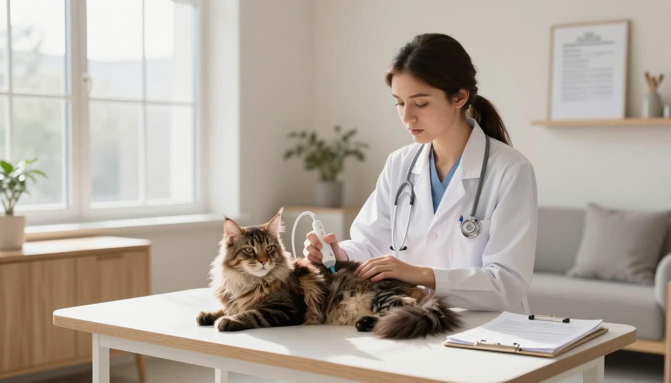 A young veterinarian in a white coat gently performs a cardiac ultrasound on a fluffy Maine Coon kitten in a bright, modern veterinary clinic with Scandinavian decor and natural light. Subtle background elements include health documents on a side table, creating an elegant and reassuring mood.
