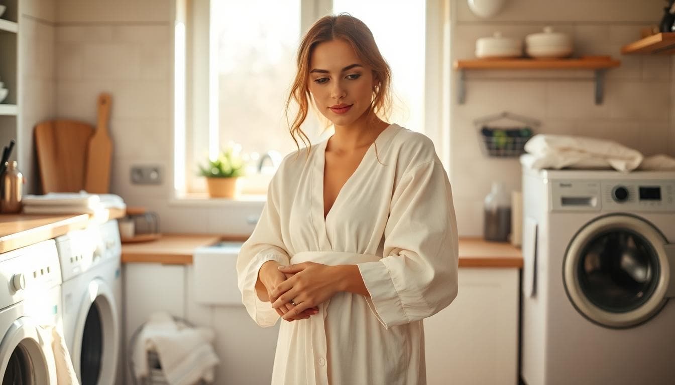 Jeune femme pliant une robe de mariée bohème dans un sac filet pour lavage maison