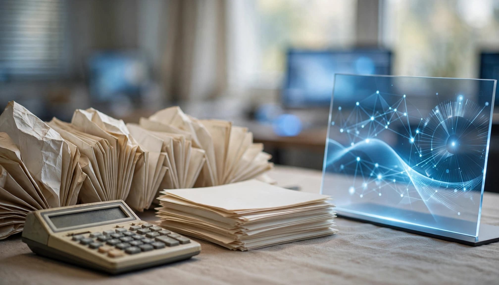 A report, slide stack, and old calculator sit before a glowing data display.