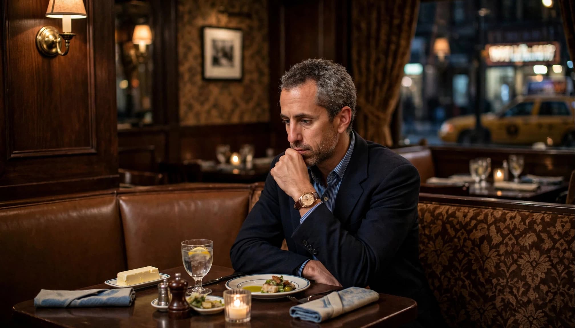 A restaurant entrepreneur sits alone at a warmly lit dinner table.