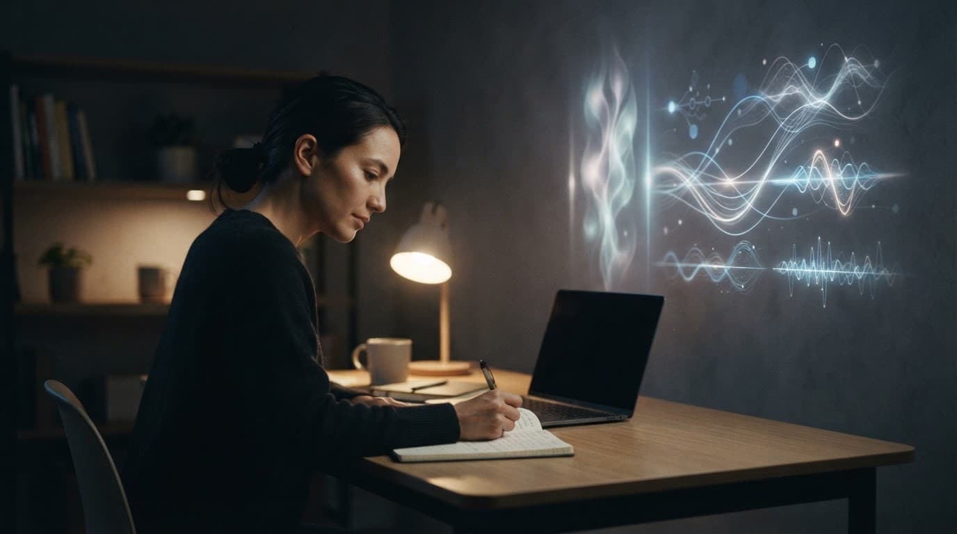 A person writes in a notebook beside a laptop as soft blue lights glow behind them.
