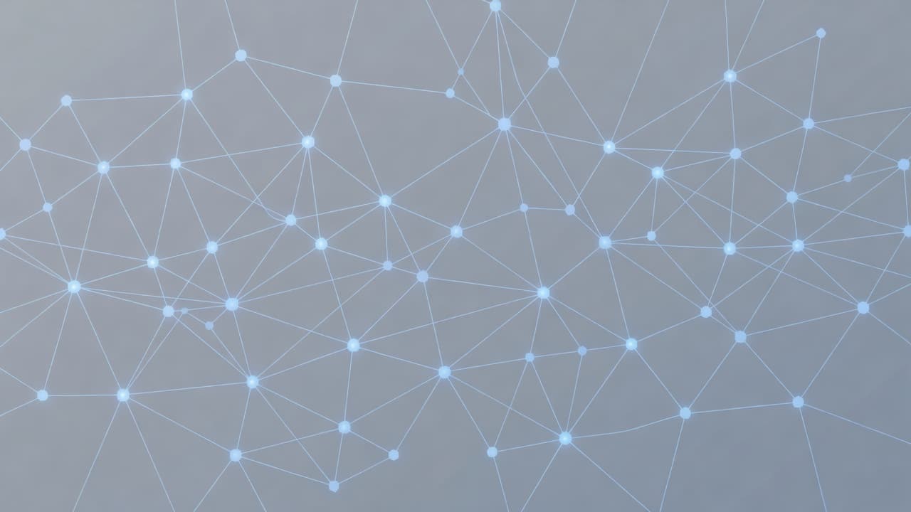 Build an AI Search Visibility Audit 1 Interconnected data points form a glowing web of thin lines against a muted gray background. Soft blue nodes pulse throughout the structure, illustrating complex relationships within a clean technological system.