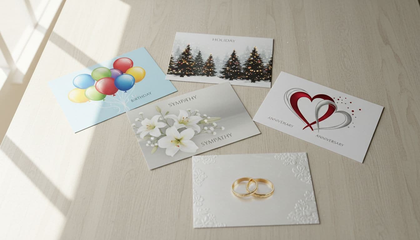 Five greeting cards for birthdays, holidays, sympathy, weddings, and anniversaries on a light wooden table.