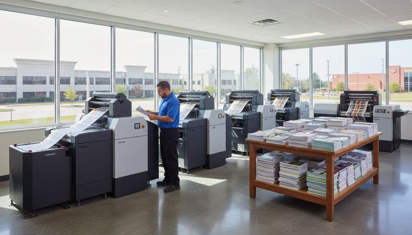 Worker in work shirt checks brochure output beside large digital printing press in bright Bensalem facility.