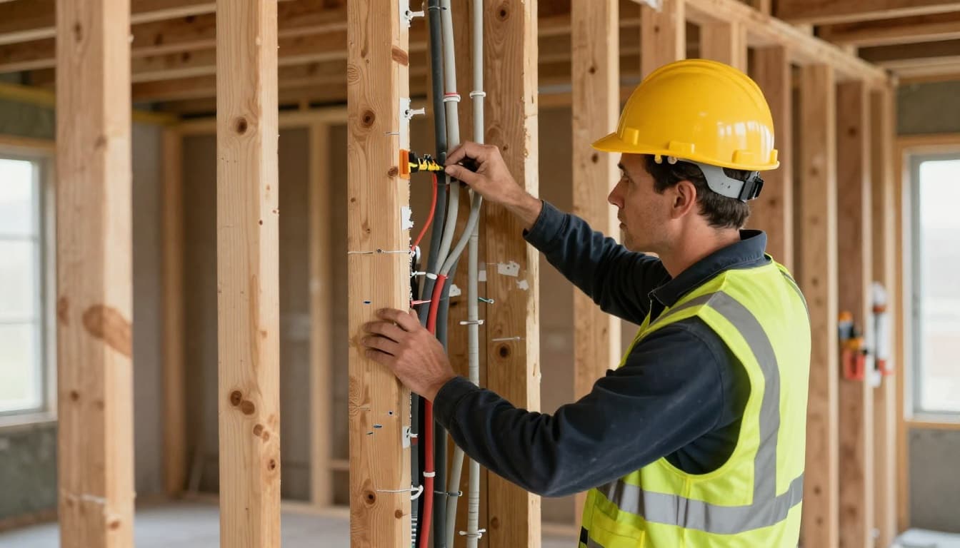 Certified building inspector in yellow hard hat and safety vest closely examines exposed wooden framing, electrical wiring, and plumbing pipes inside an unfinished wall during a residential remodel.