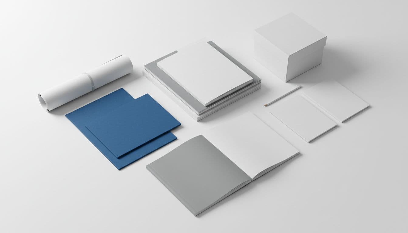 Top-down view shows stack of brochures, rolled banner, presentation folders, annual report booklet, packaging box, and notepads on white desk.