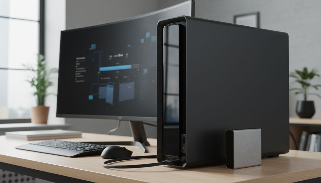 Desktop computer tower with USB-connected external hard drive on office desk, monitor shows 50% data wipe progress.