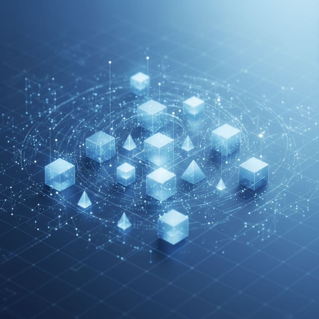 Glowing blue and white geometric blocks drift through a dark field as floating data particles coalesce into structured shapes. This high-tech visual depicts complex information being categorized by unseen digital forces.