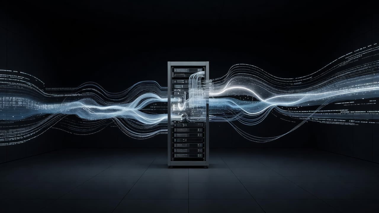 A single dark server rack stands centered in a dimly lit room, emitting vibrant blue and white light. Lines of abstract digital data flow upward, visualizing complex network traffic patterns.