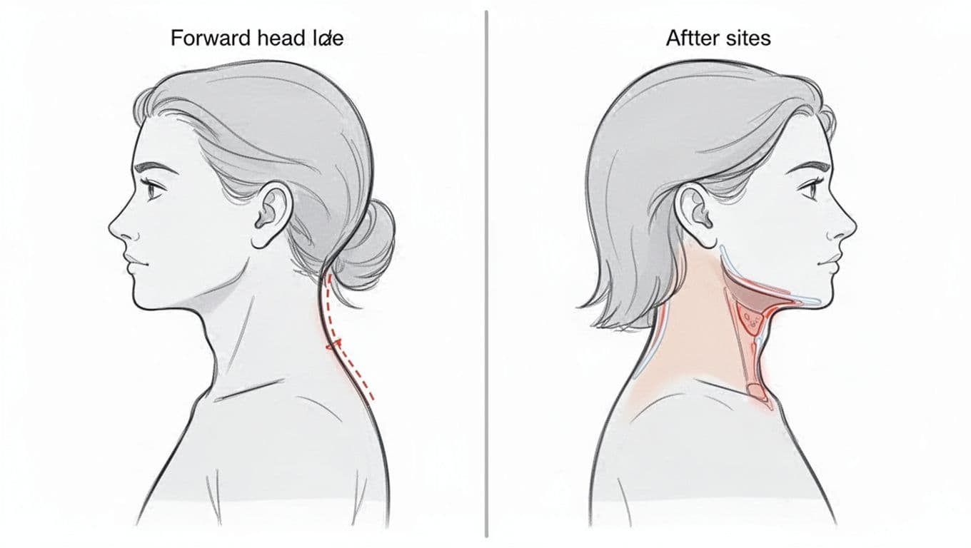 Side-by-side before and after comparison: left shows forward head posture with flattened neck, right shows corrected posture with proper neck curve, in simple line drawing silhouette style on white background with natural colors, no text or extra elements.