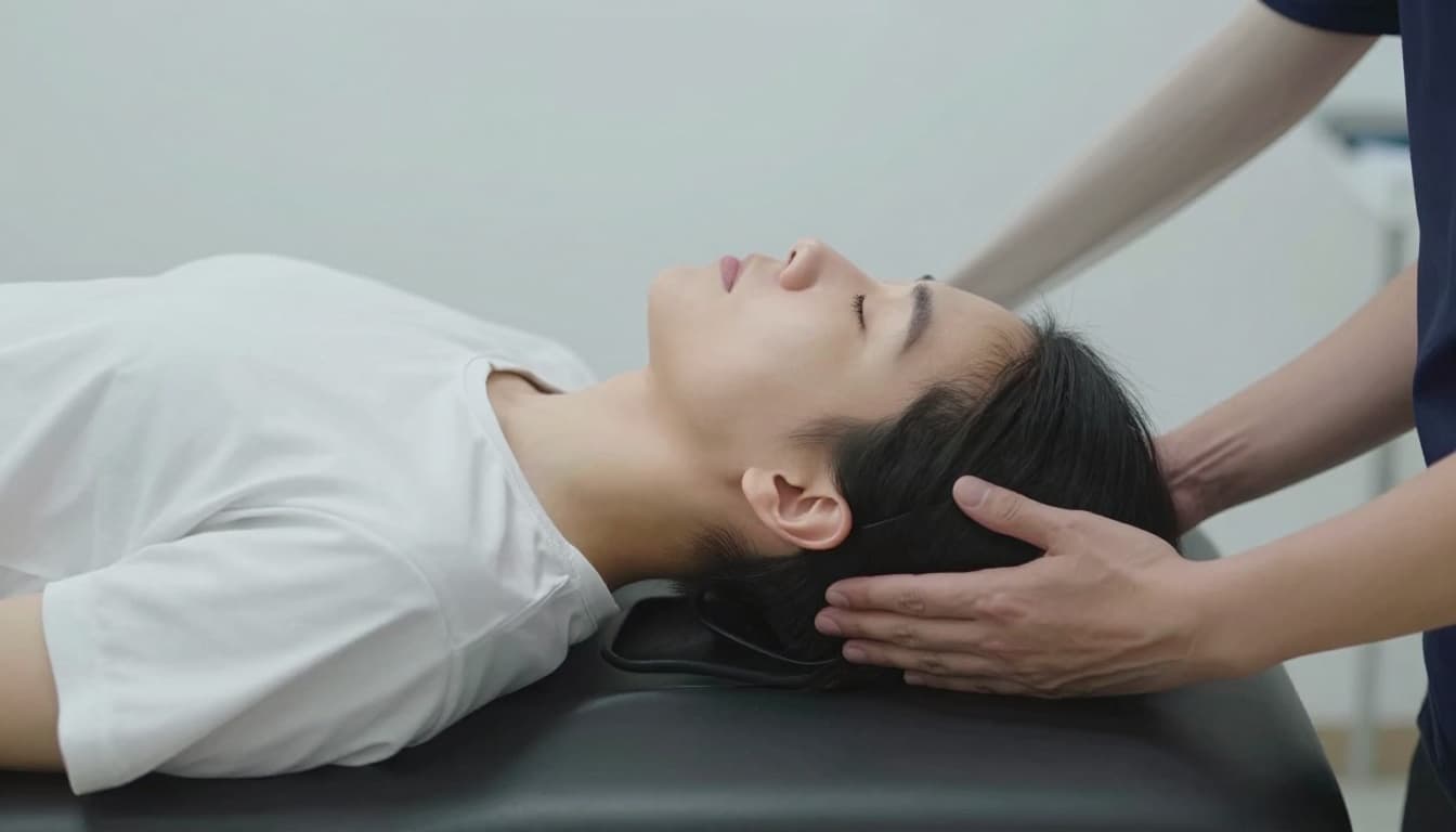 Person undergoing gentle neck extension traction therapy on a chiropractic table, head positioned back with supportive device in a relaxed pose, clinical setting with soft lighting, realistic medical illustration style.