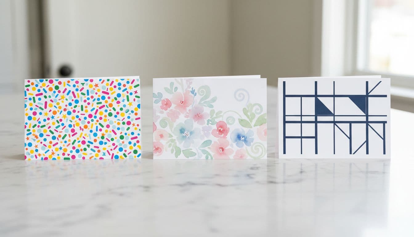 Three greeting cards side by side on white marble: multicolored confetti celebration, pastel watercolor sympathy, navy geometric business.