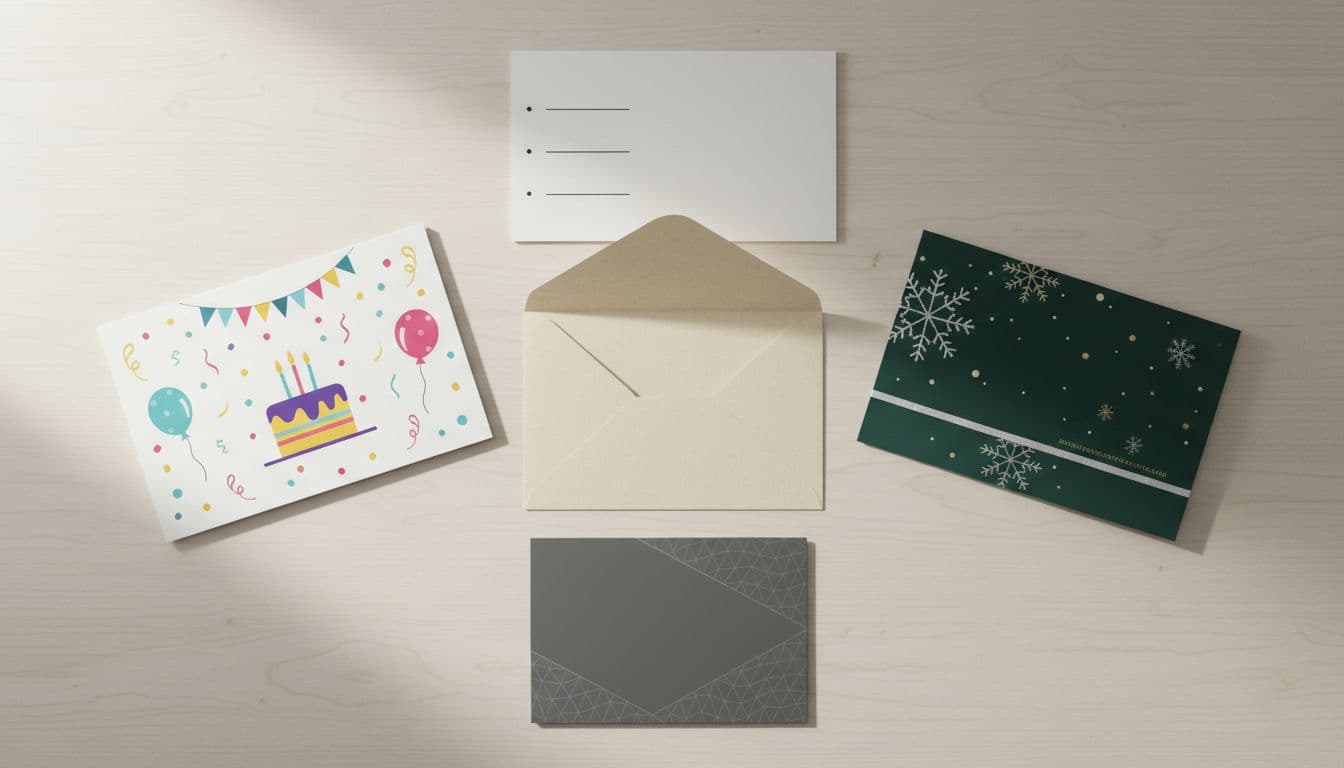 Three greeting cards, open envelope, and blank checklist on wooden desk.
