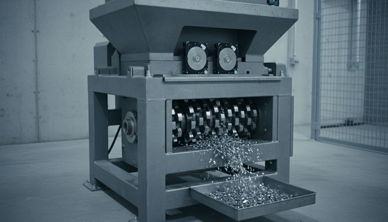 Hard drive shredder feeds three drives into hopper as metal fragments exit chute.