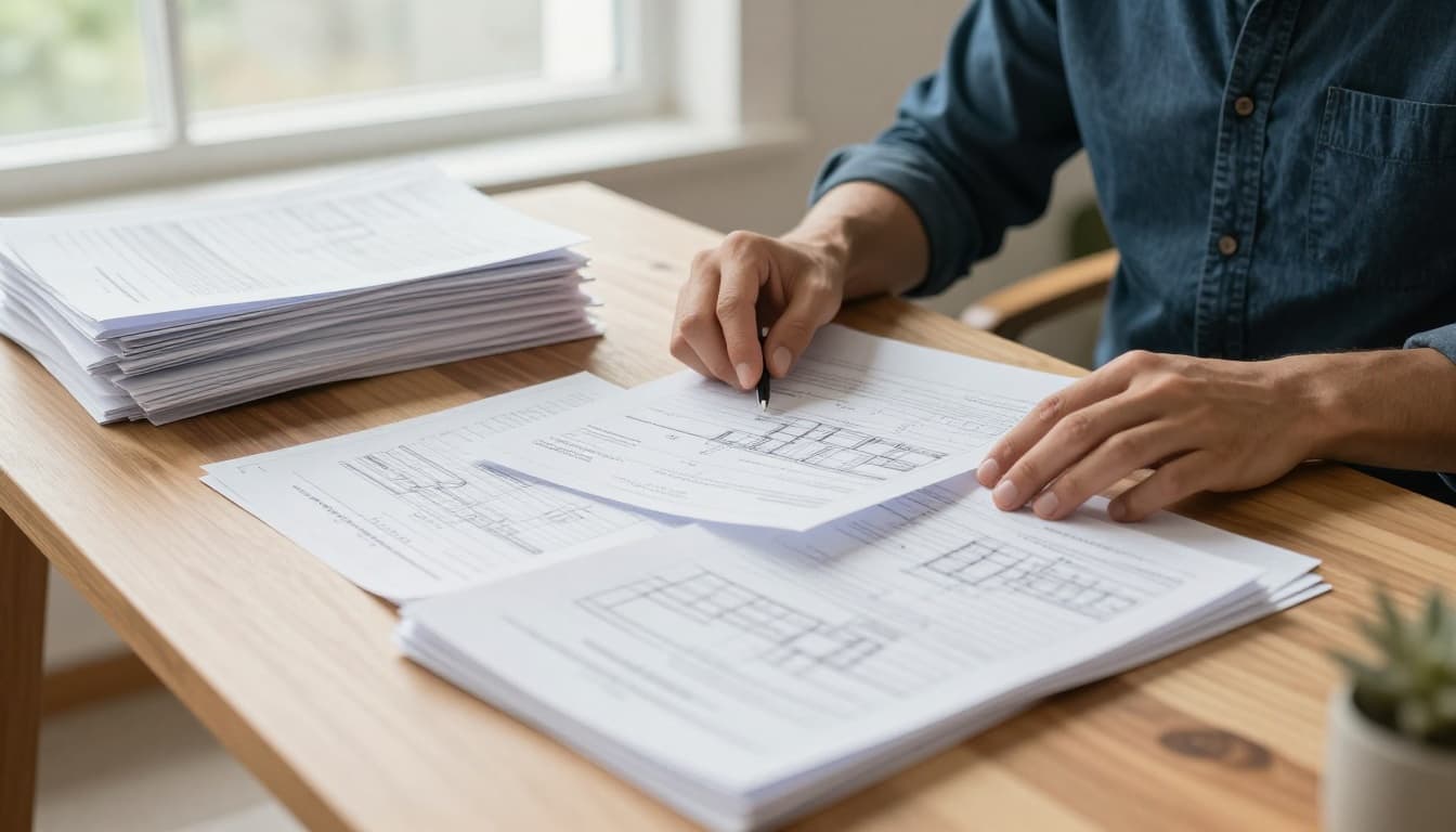 A focused homeowner sits at a wooden desk in a bright home office, reviewing stacks of building permit paperwork, blueprints, and home renovation plans with hands resting on the documents, illuminated by natural daylight from a window.