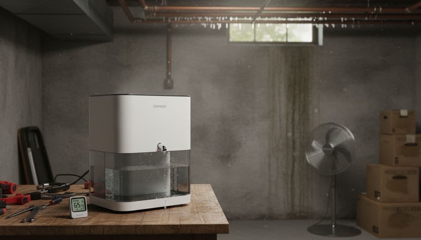 Realistic photo of a home basement interior on a humid day, showing a modern dehumidifier collecting water in its tank, a hygrometer displaying 65% humidity on a tool-cluttered table, condensation on pipes, stacked boxes, and a fan.