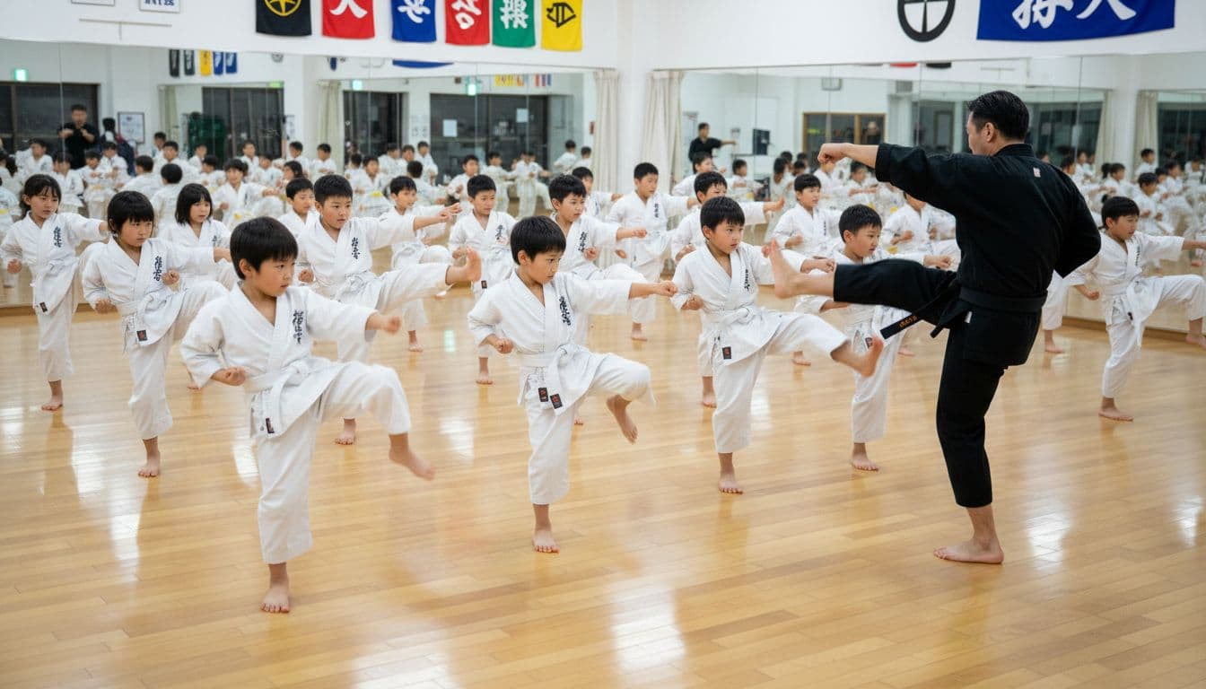 Children aged 6 to 10 in white gis perform synchronized front kicks and punches in a spacious karate dojo, led by a black belt instructor amid mirrors and motivational banners.
