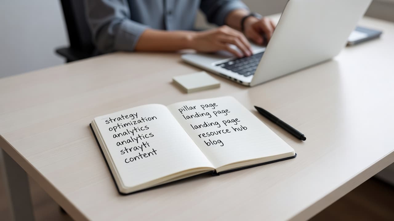 Map Keyword Intent to the Right Service Page 1 A clean wooden desktop displays a notebook featuring handwritten keyword lists and service categories. A blurred professional works in the soft-focus background, emphasizing an organized and efficient digital marketing workflow.