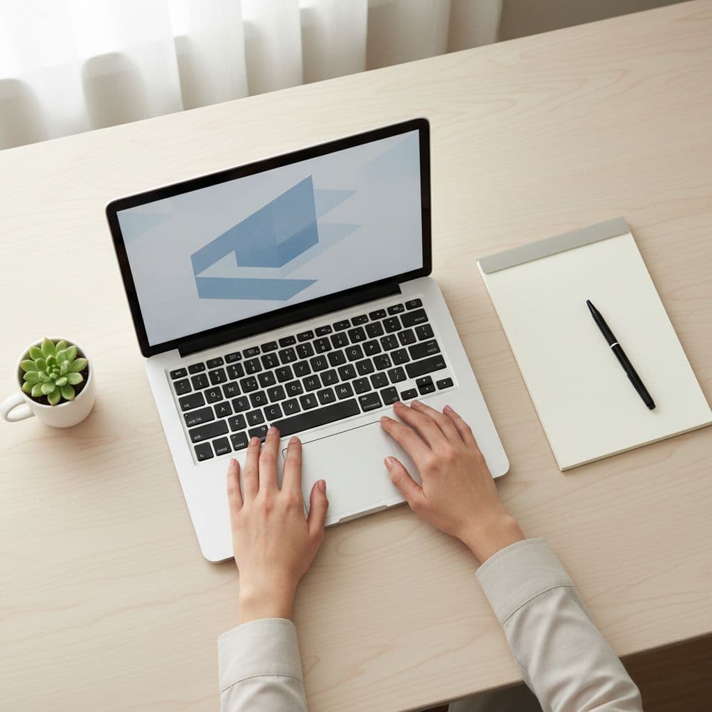 A top-down view shows hands resting on a clean white desk beside an open laptop and a leather-bound notebook. Soft, diffused daylight creates subtle shadows across the organized professional surface.