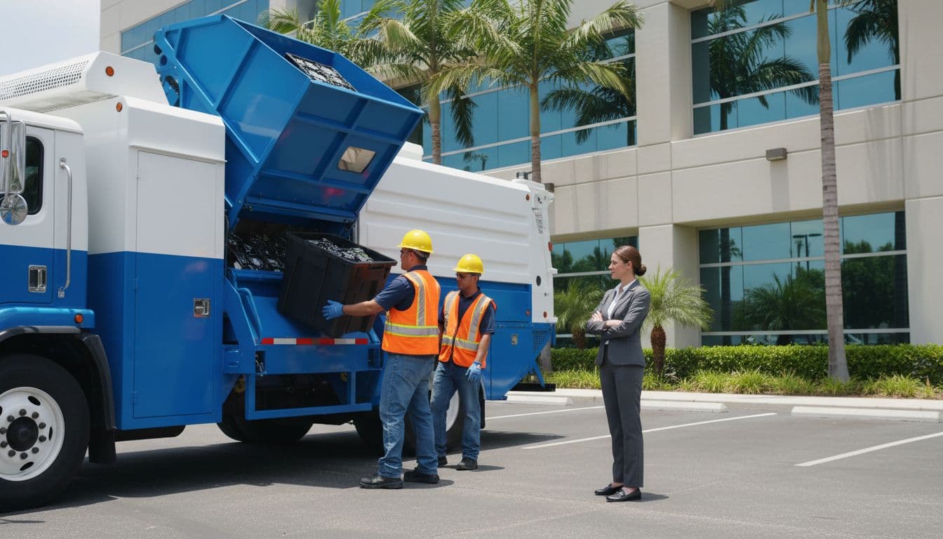Two workers load hard drive bins into a mobile shredding truck as a professional watches in an office parking lot.