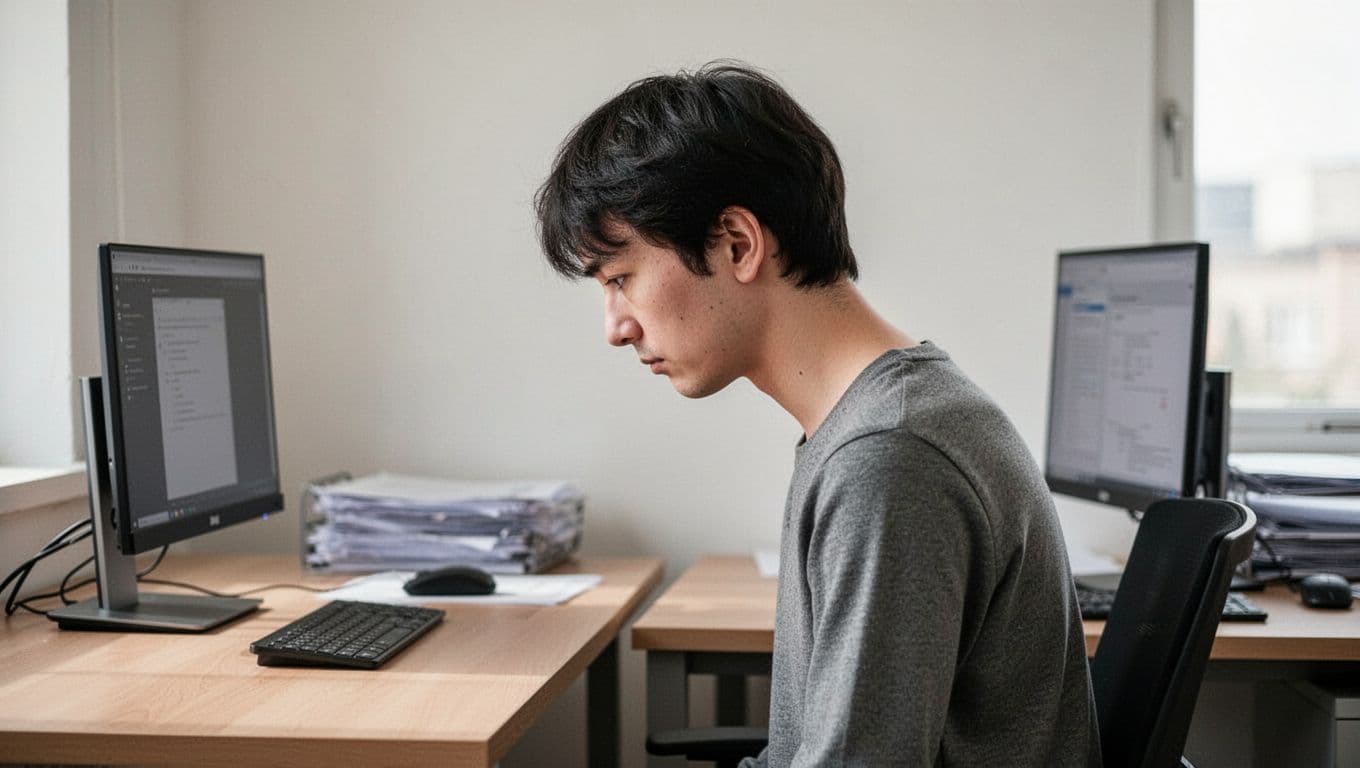 A realistic side profile of a person with forward head posture, head tilted forward ahead of shoulders with unnaturally extended neck, seated at a desk with computer screen in a simple office setting under natural daylight lighting.