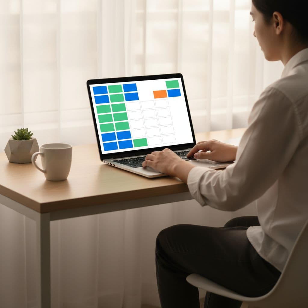 A person works on a laptop in a bright, minimalist workspace with natural sunlight.