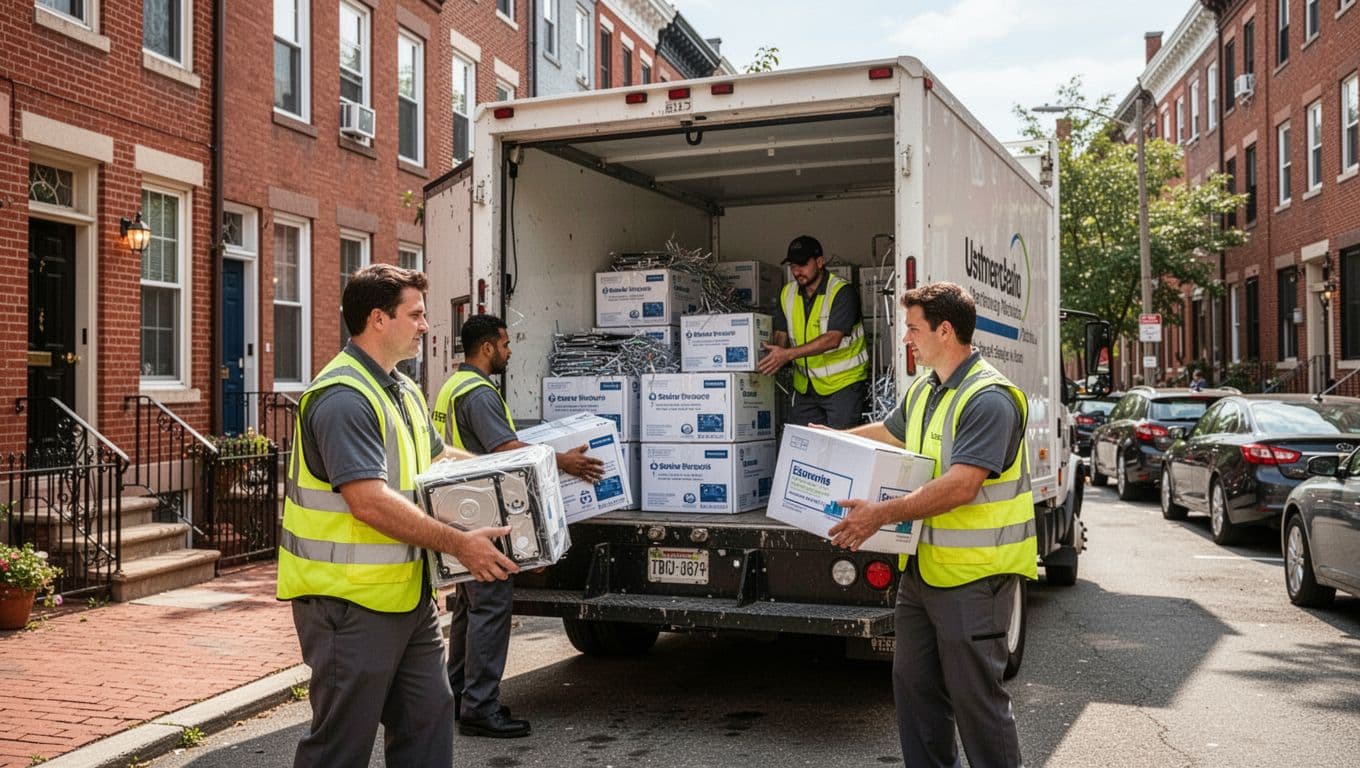 Two technicians in high-visibility vests carry secure boxes of hard drives into a mobile shredding truck parked outside a typical Philadelphia rowhome office, set in an urban street with brick buildings and parked cars under bright daytime sunlight.
