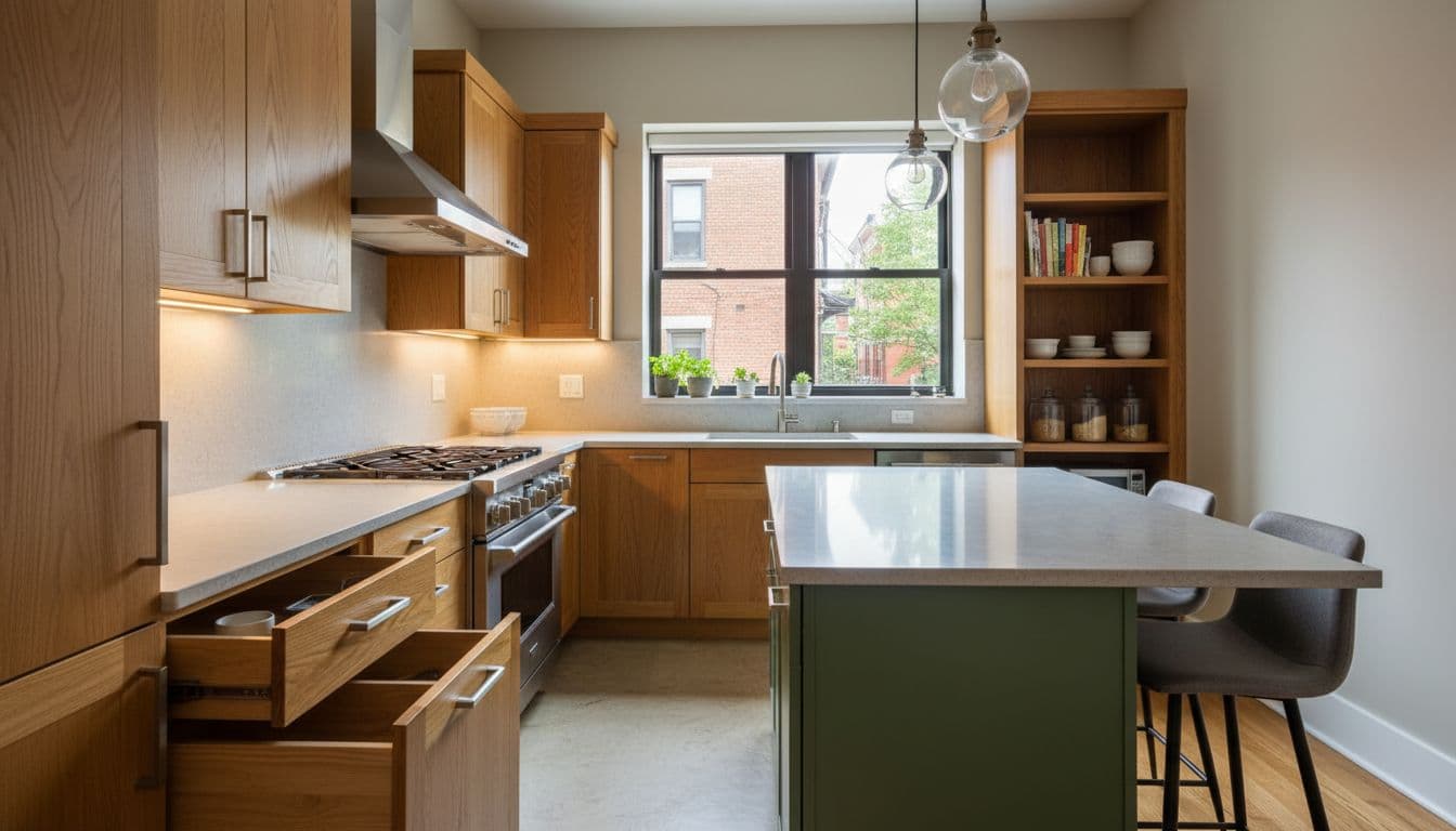 Kitchen Remodel Planning Sheet for Philly-Area 1 Realistic photograph of a cozy, efficient remodeled kitchen in a narrow Philadelphia rowhome, featuring warm-toned oak cabinets, beige walls, quartz countertop on forest green island, under-cabinet lighting, and natural daylight from city view window.