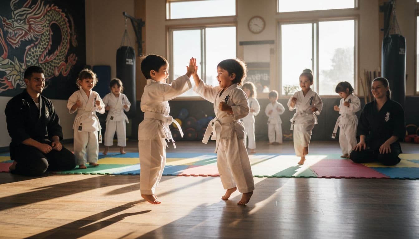 A vibrant karate dojo filled with happy children aged 3 to 5 wearing white gis, engaged in playful karate games like balancing and punches, with kind instructors guiding them amid colorful mats and warm light.
